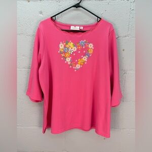 Quacker Factory Pink Scalloped Heart Floral Embroidered 3/4 Sleeve Shirt Size 2X